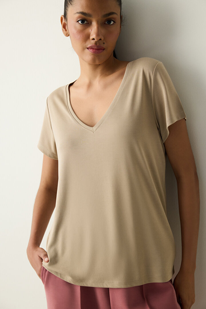 V Neck Modal Beige T-Shırt - 1