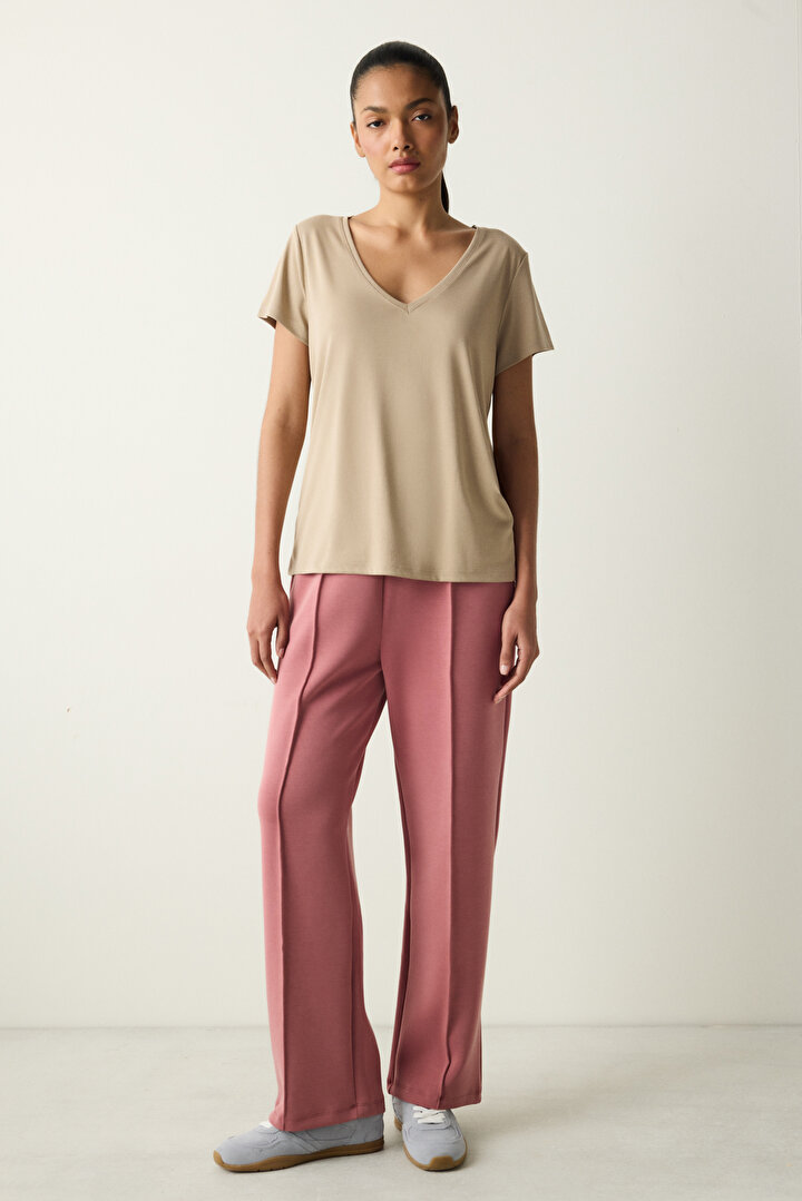 V Neck Modal Beige T-Shırt - 2