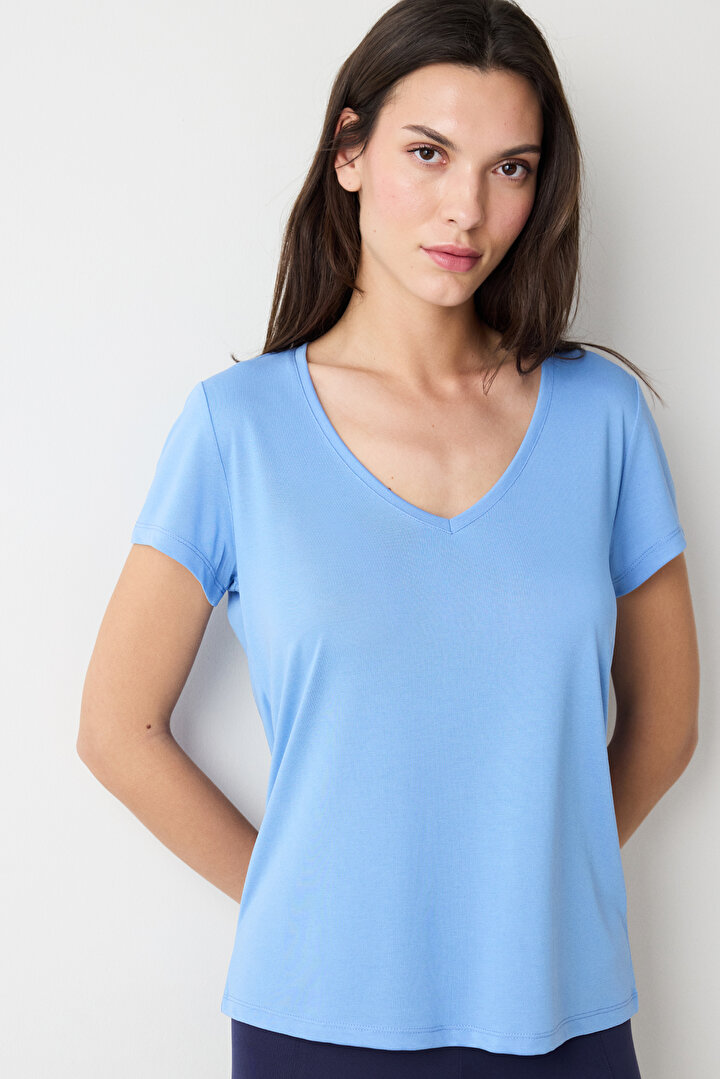 V Neck Modal Blue T-Shırt - 1