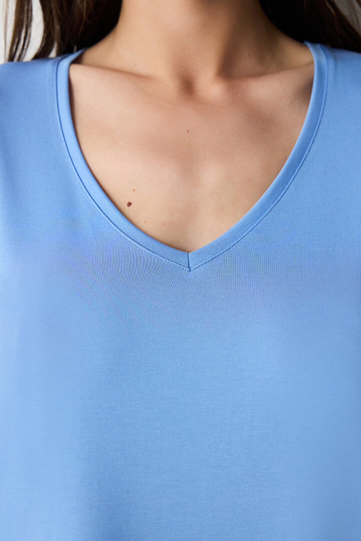 V Neck Modal Blue T-Shırt - 2