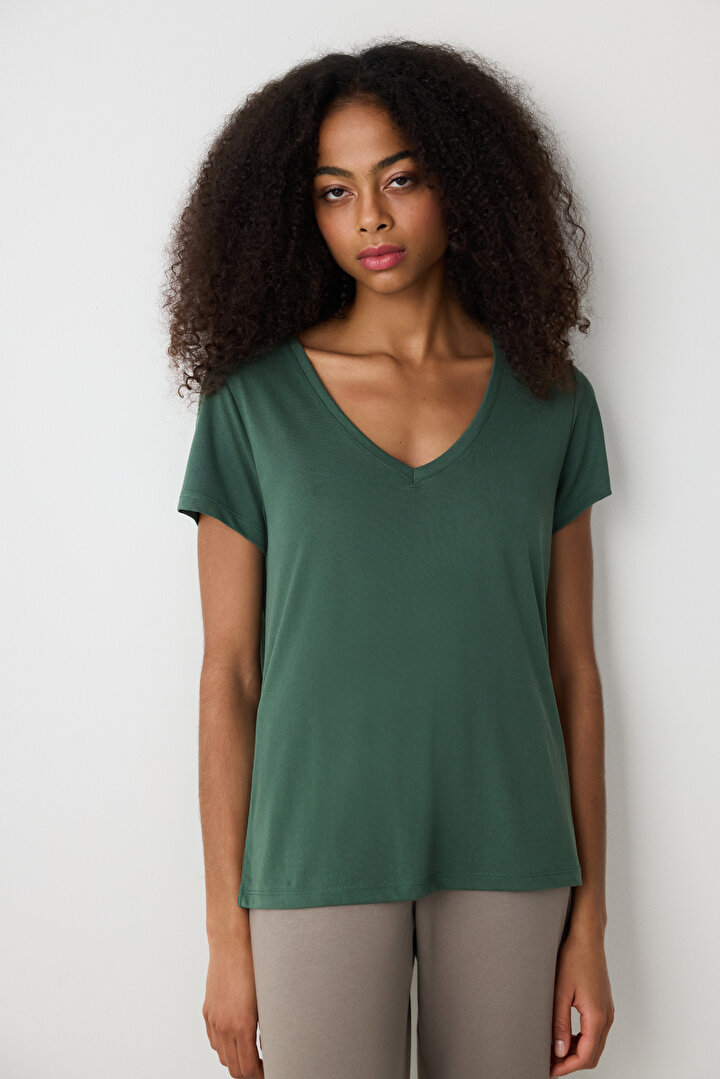 V Neck Modal Khaki T-Shırt - 1