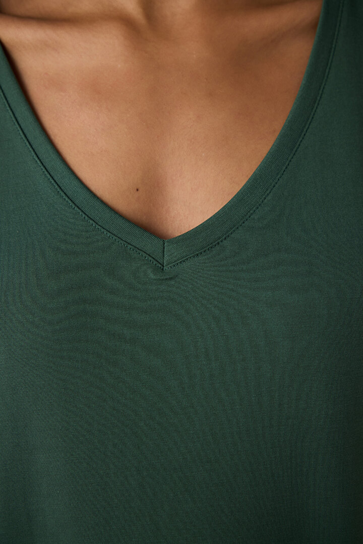 V Neck Modal Khaki T-Shırt - 2