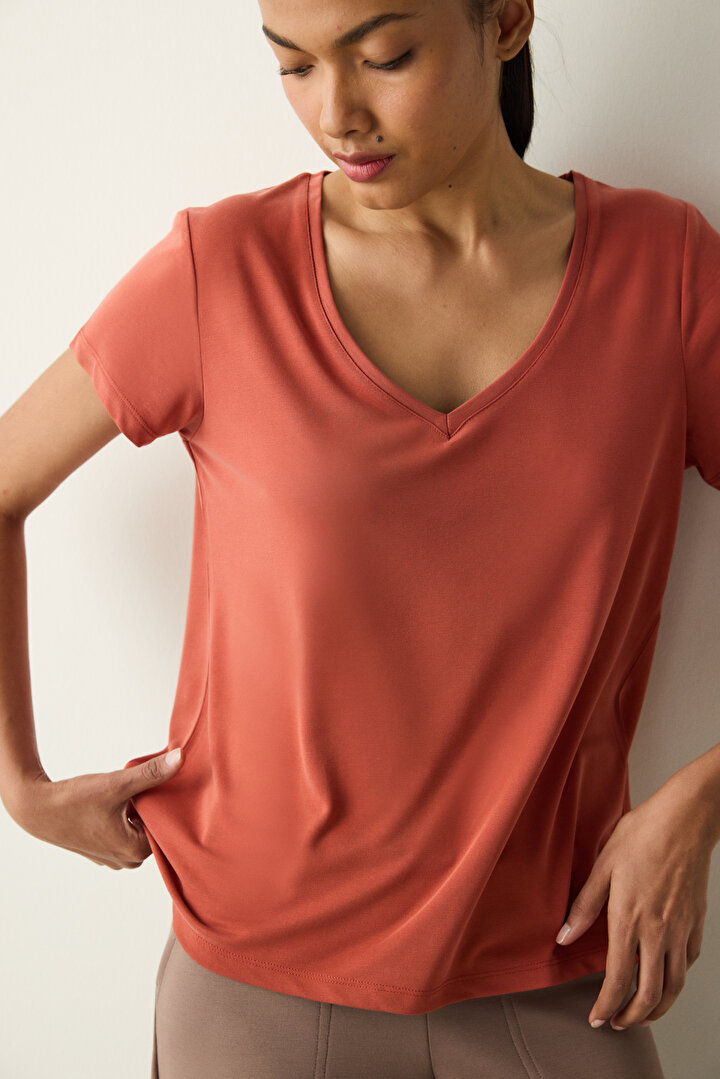 V Neck Modal Dark Orange T-Shırt - 1