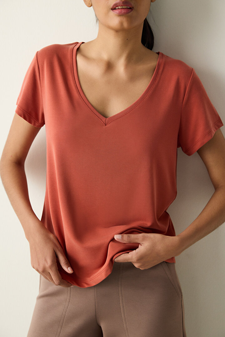 V Neck Modal Dark Orange T-Shırt - 2