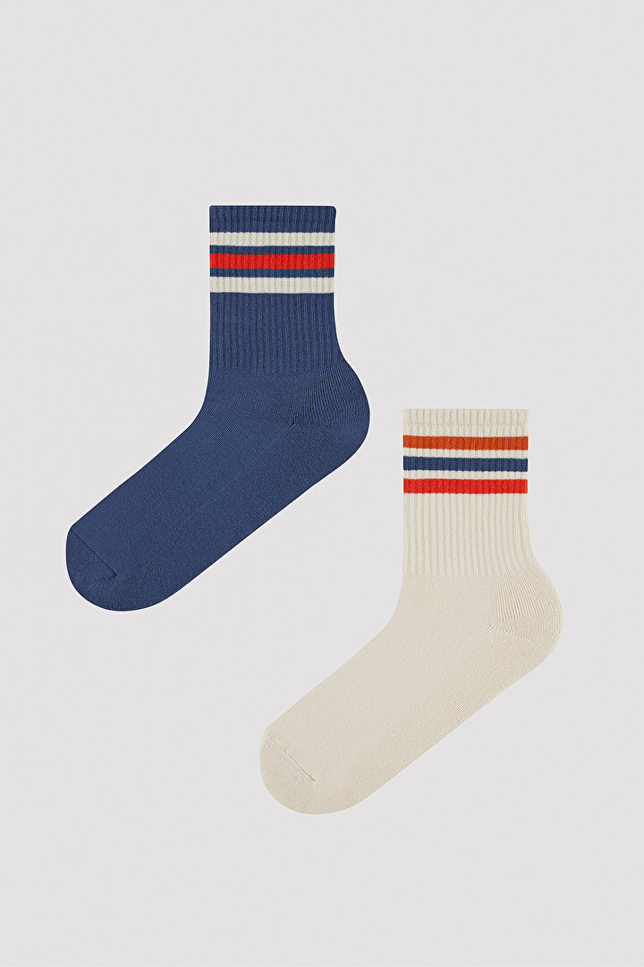 Man Blue White Striped 2in1 Socket Socks - 1