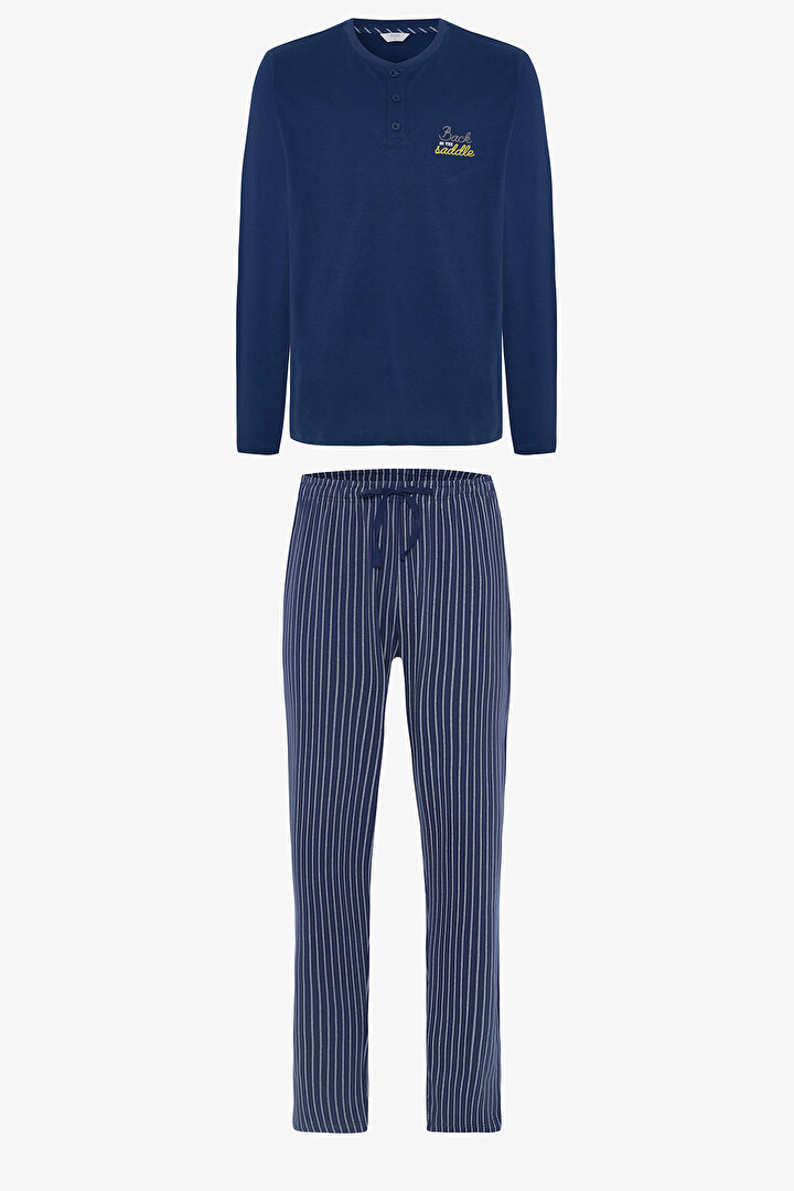 Erkek Saddle Slogan Baskılı Düğmeli Bisiklet Yaka Pamuklu Pijama Takımı - 1
