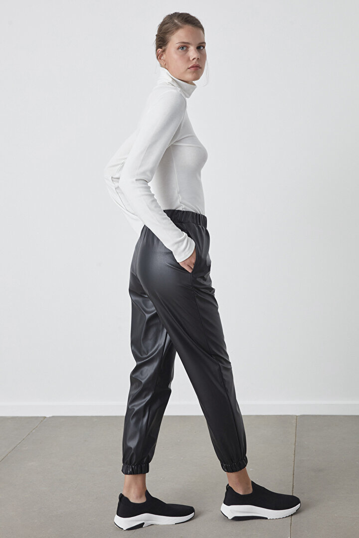 Black Leather Look Thermal Jogger - 2