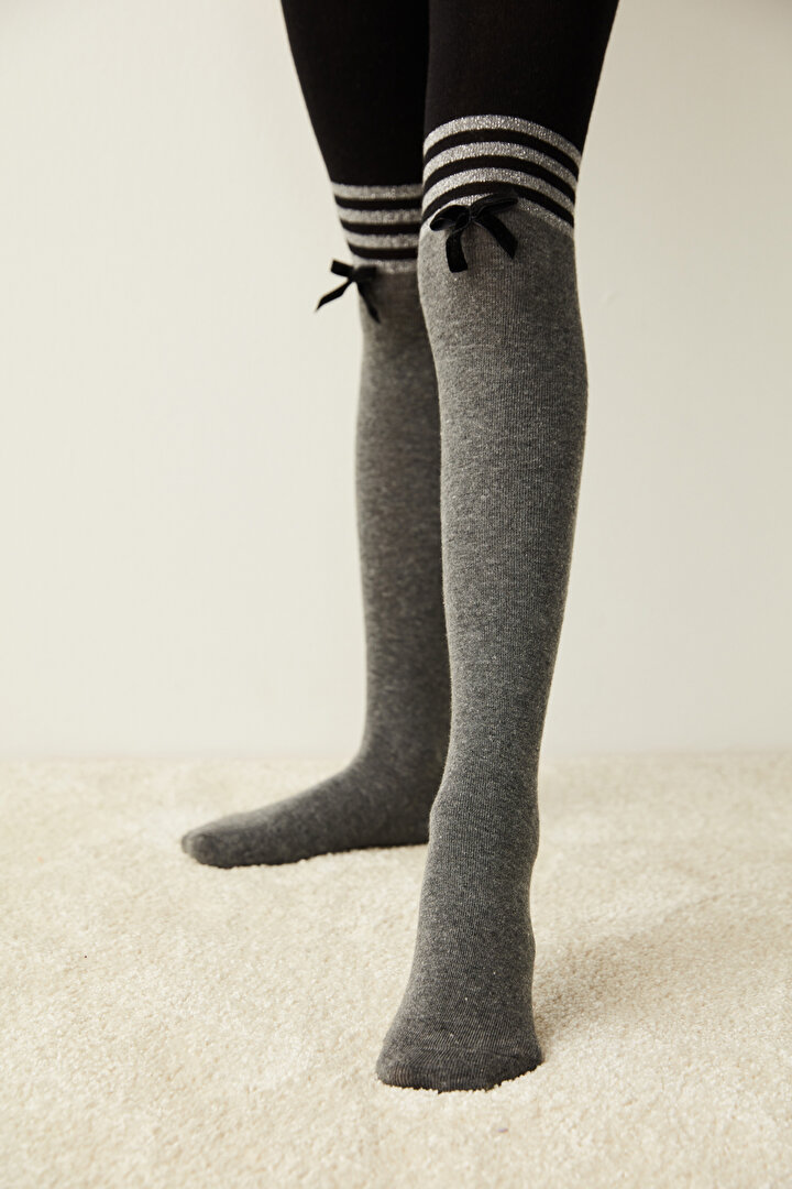 Kül Rengi Kız Çocuk Kurdele Külotlu Çorap - 1