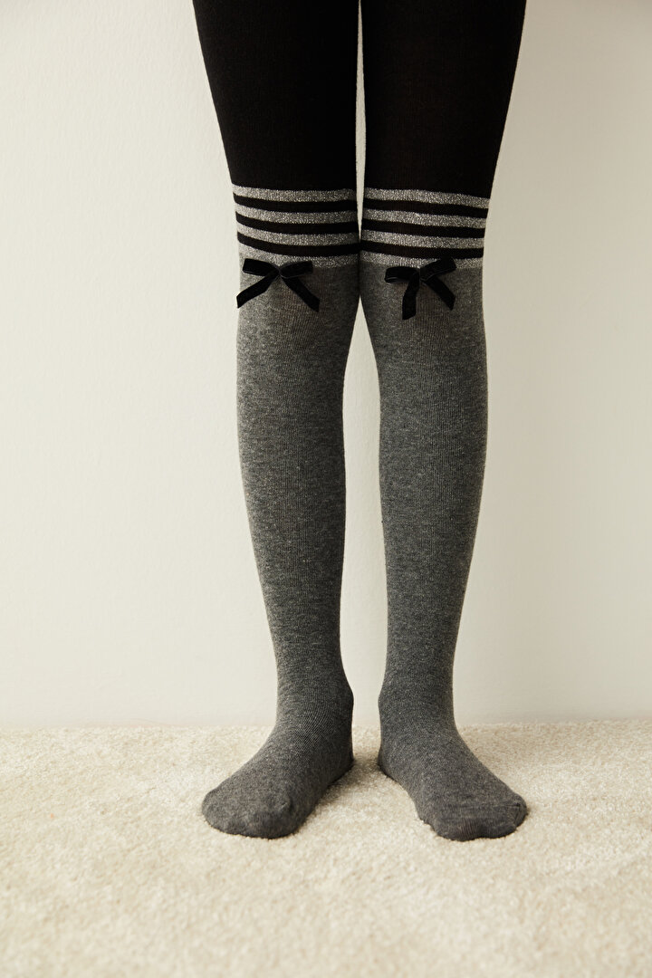 Kül Rengi Kız Çocuk Kurdele Külotlu Çorap - 2