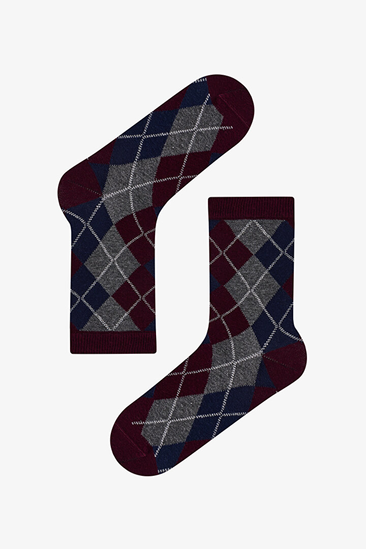 Bordo Timeless Diamond Baklava Desenli Pamuklu 2 Çift Soket Çorap - 2