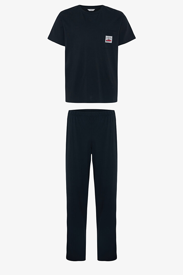 Siyah Car Erkek Sloganlı Kısa Kollu Pijama Takımı - 1