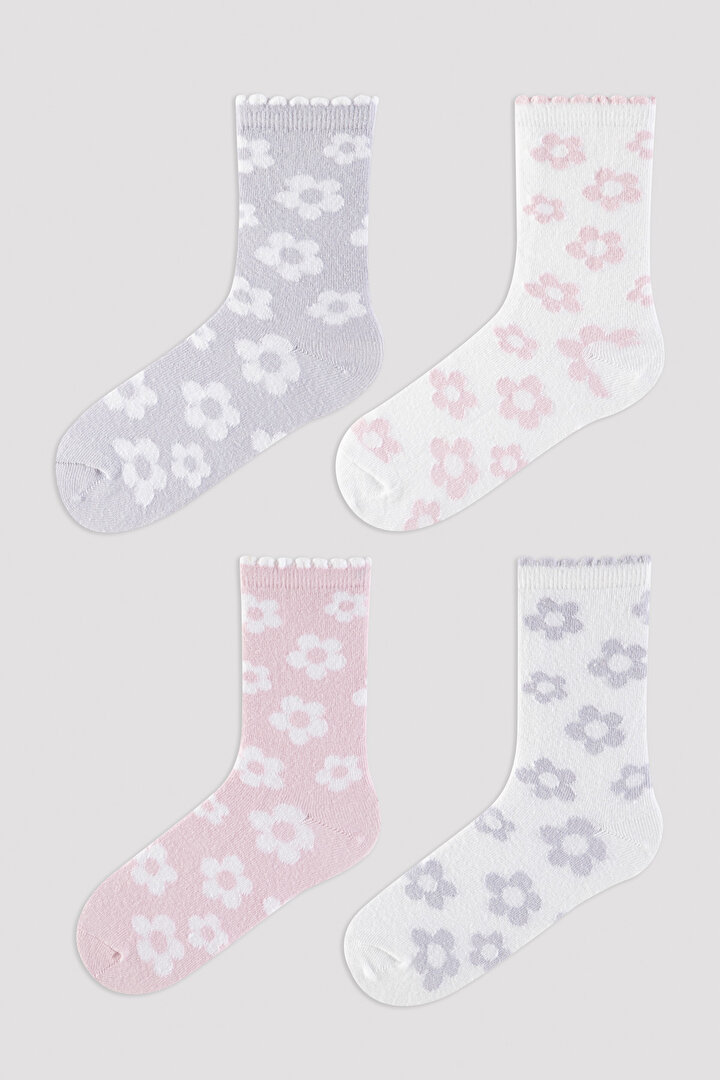 Çok renkli Kız Çocuk Çiçek Desenli 4lü Soket Çorap - 1