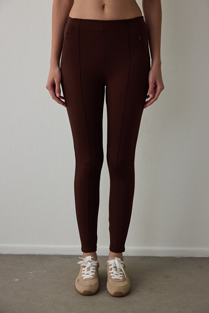 Kahverengi Gizli Cep Görünümlü Yüksek Bel Tayt - 2