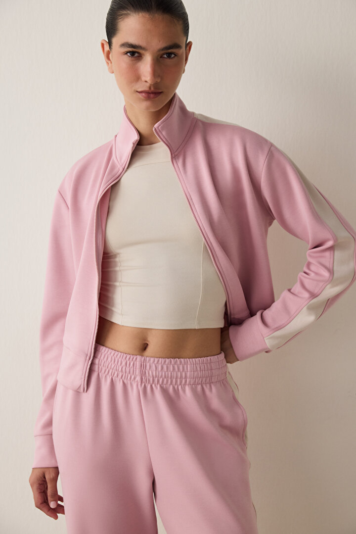 Lilac Silky Feel Stand Collar Zippered Sports Jacket - 1