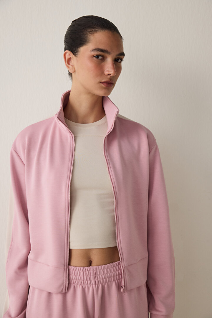 Lilac Silky Feel Stand Collar Zippered Sports Jacket - 2