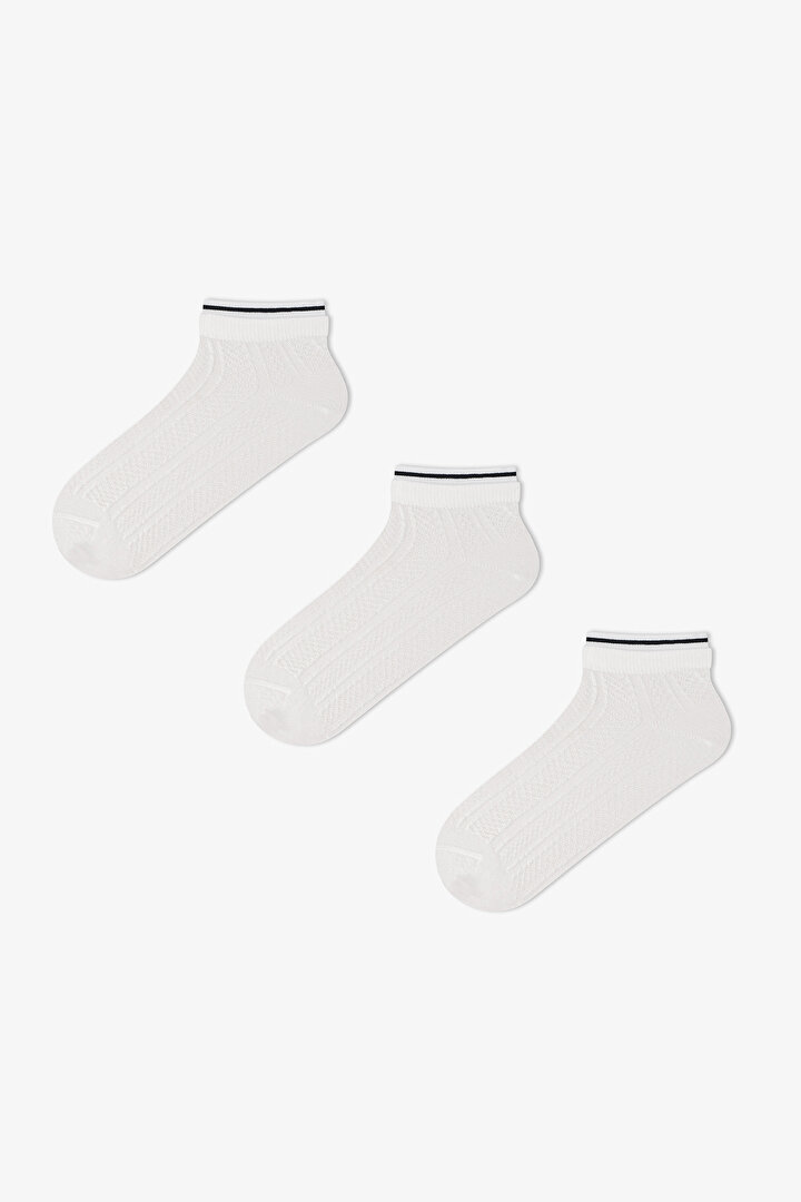 3 Çift Burun Dikişsiz Pamuklu Kendinden Desenli Bilek Detaylı Patik Çorap - 1