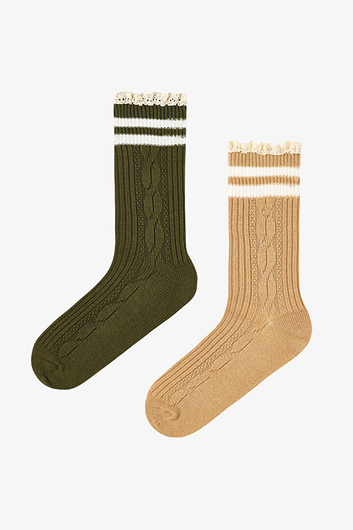 2 Çift Pamuklu Bilek Kısmı Şeritli Dantel Fırfırlı Soket Çorap - 1