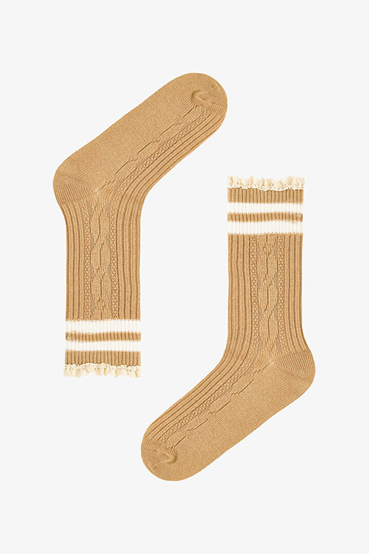 2 Çift Pamuklu Bilek Kısmı Şeritli Dantel Fırfırlı Soket Çorap - 2