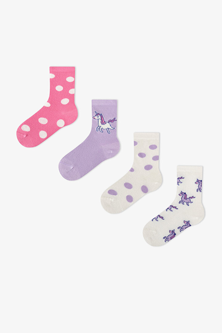 Kız Çocuk Pembe Loving Unicorn 4 Çift Soket Çorap - 1