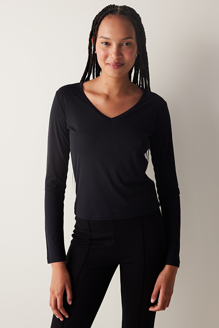 V Neck Modal Black Top - 1