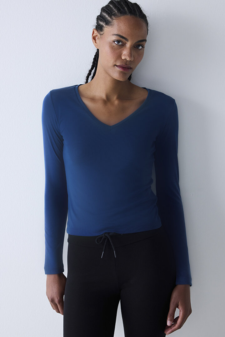 V Neck Modal Navy Blue Top - 1