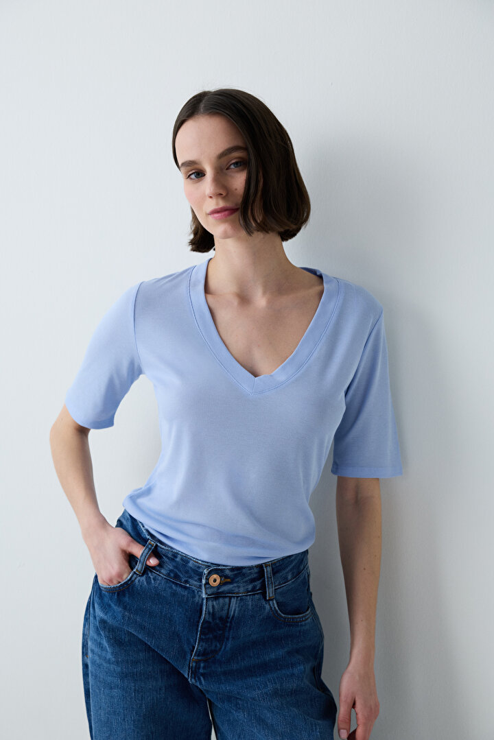 V Neck Light Blue Tee - 1