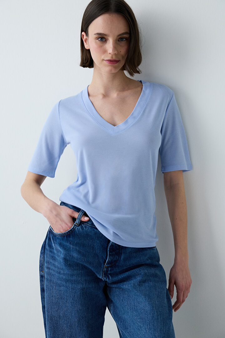 V Neck Light Blue Tee - 2