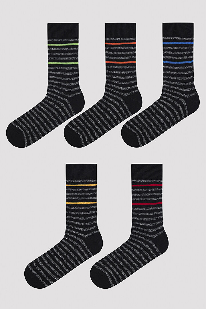 Erkek Çizgili 5li Siyah Soket Çorap - 1