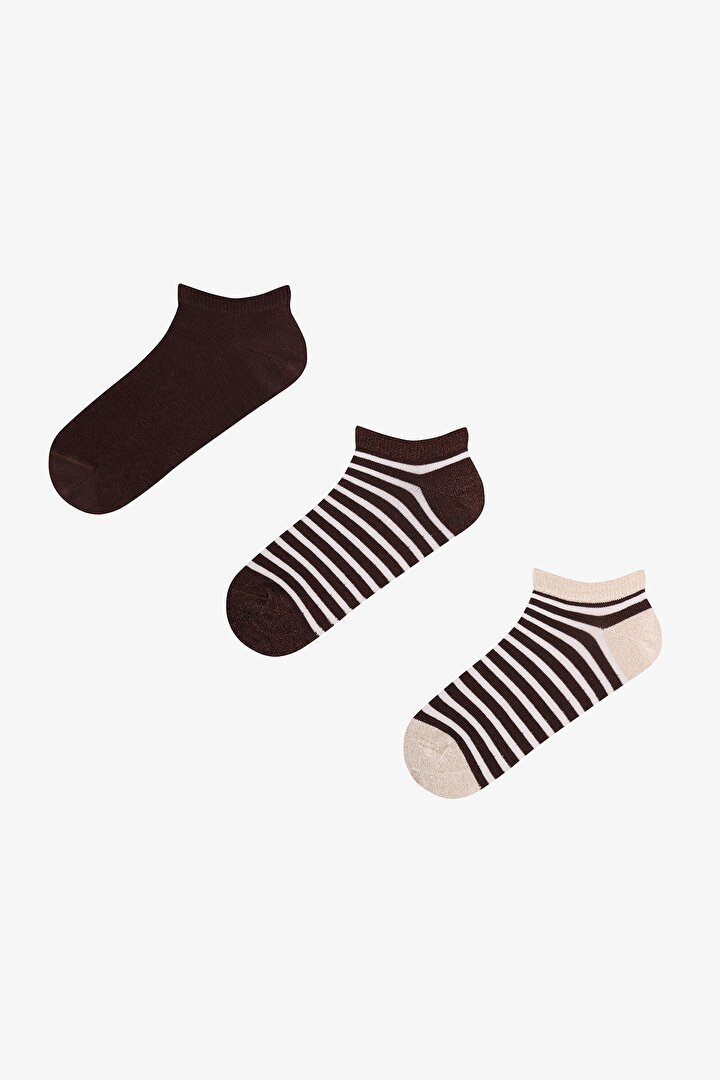 Brown Shiny Striped Cotton Glitter 3 Pack Liner Socks - 1