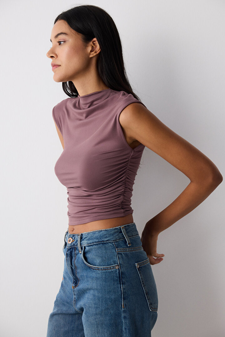 Side Shirring High Neck Top - 1