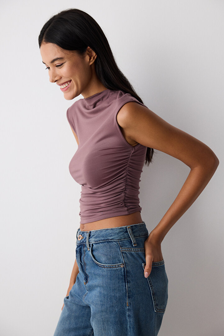 Side Shirring High Neck Top - 2