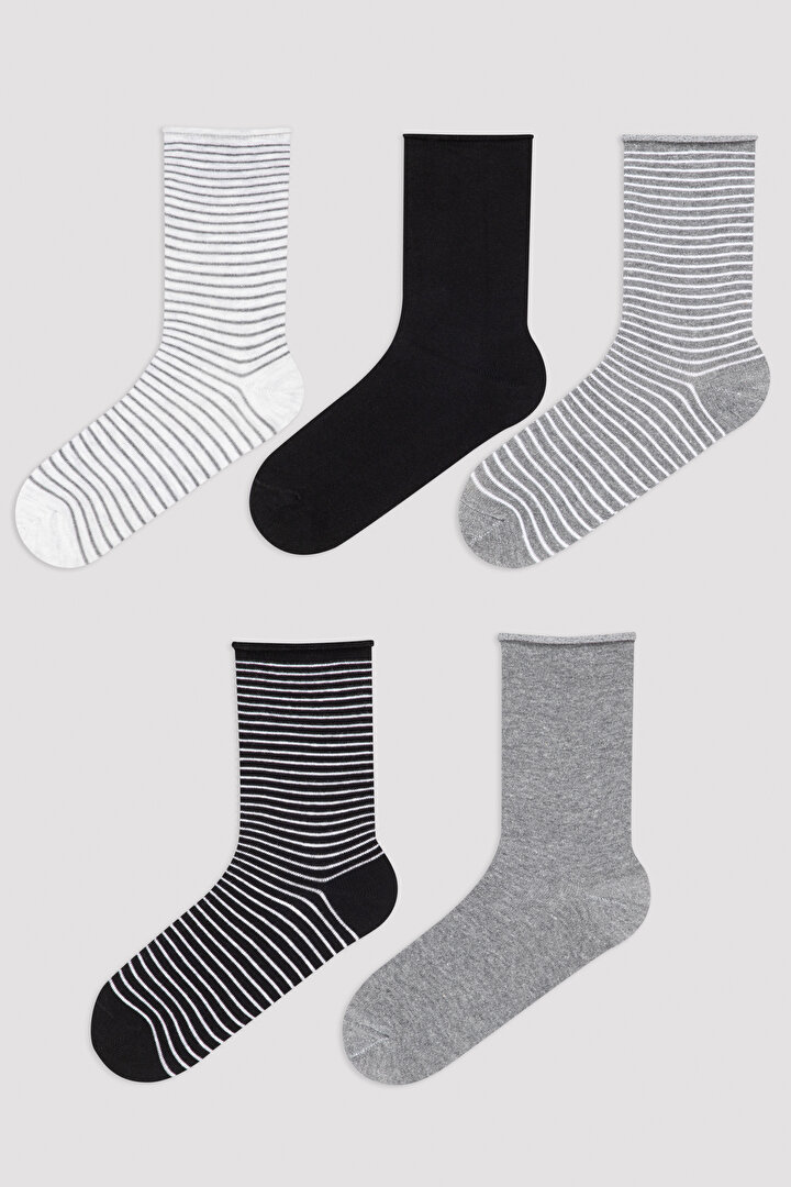 Çok Renkli Çizgi Desenli 5'li Soket Çorap - 1
