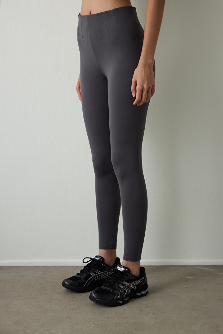 Antrasit Yüksek Bel Interlok Detaylı Slim Fit Tayt - 1