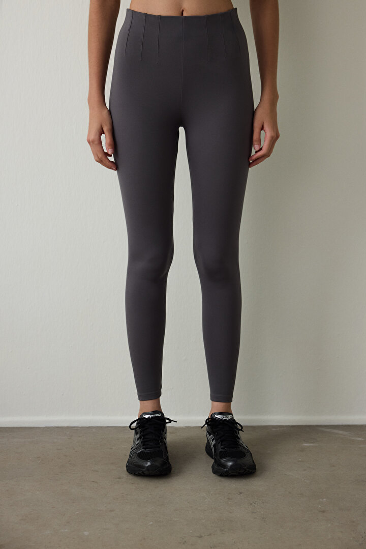 Antrasit Yüksek Bel Interlok Detaylı Slim Fit Tayt - 2