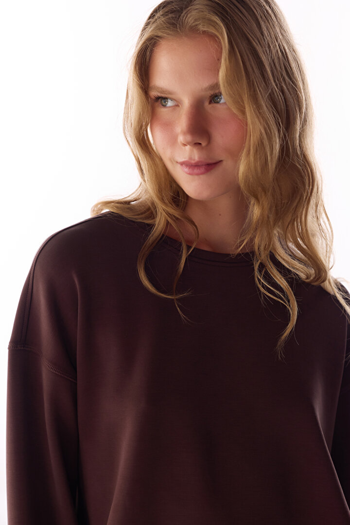 Kahverengi Modal Şardonlu Bisiklet Yaka Sweatshirt - 2