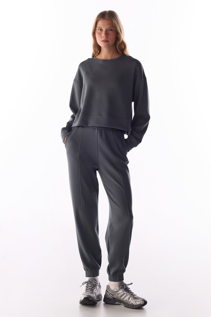 Gri Modal Şardonlu Bisiklet Yaka Sweatshirt - 1