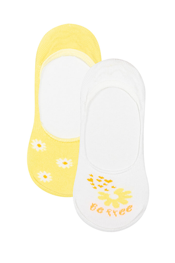 Sarı Beyaz Kız Çocuk Çicekli 2'liBabet Çorap - 1
