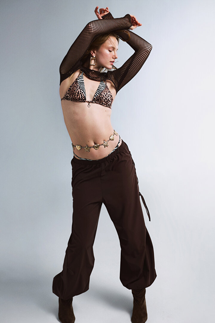 Dark Brown Hem Detail High-Waisted Pants - 1