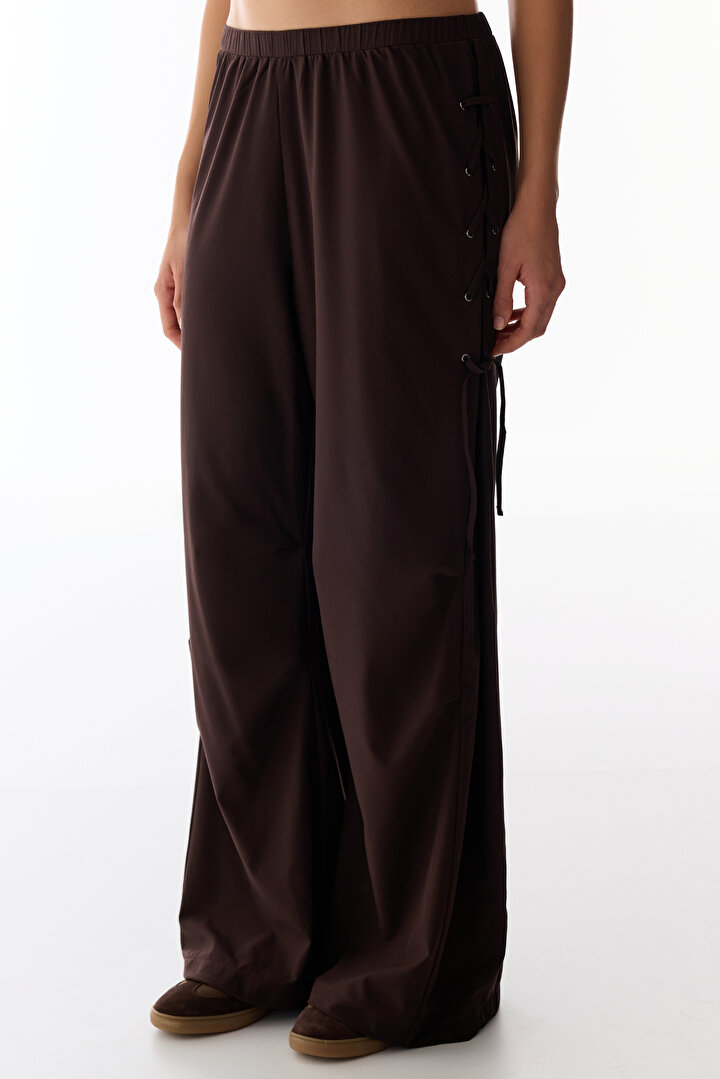 Dark Brown Hem Detail High-Waisted Pants - 2