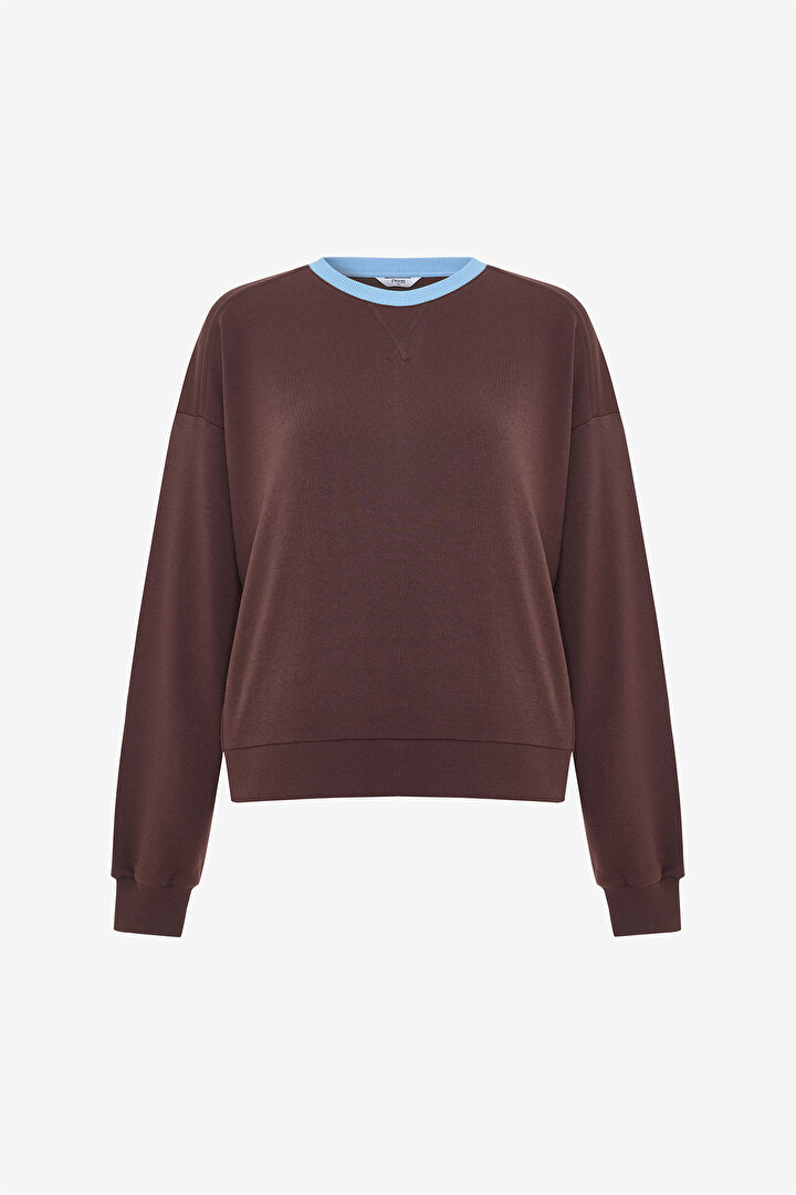 Kahverengi Çiçek Desenli Yakalı Oversize Sweatshirt - Inspired by Flora - 1