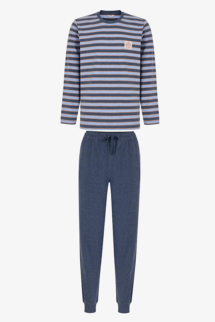 Erkek Blue Weekend Çizgili Uzun Kollu Jogger Pijama Takımı - 1