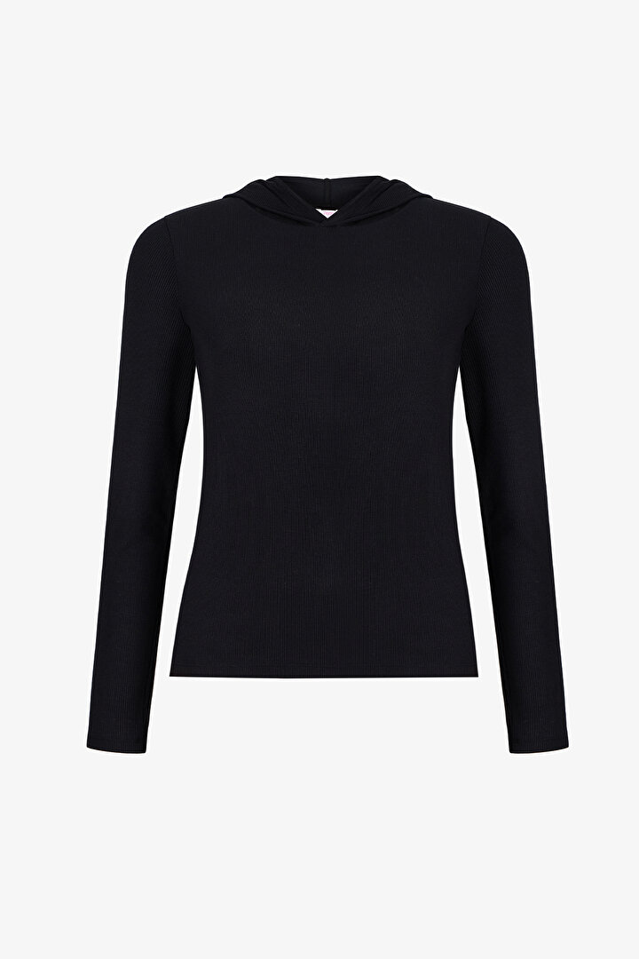Black Hooded Ribbed Modal Sweatshirt - 1