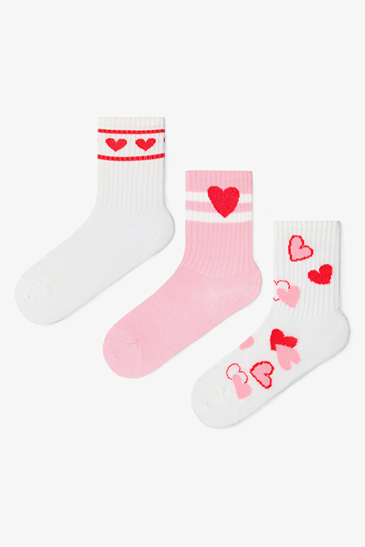 Karışık Renk Kız Çocuk Pinky Love Kalp Desenli 3'lü Soket Çorap - 1