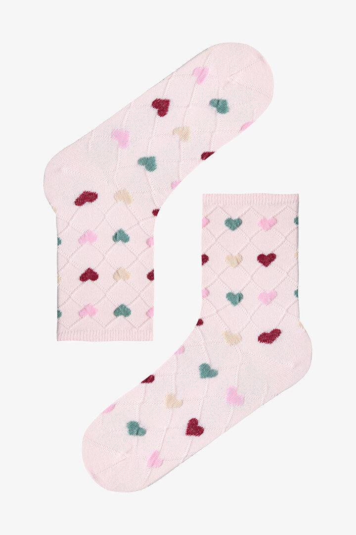 Pembe - Beyaz Heart Grid 2'li Soket Çorap - 2
