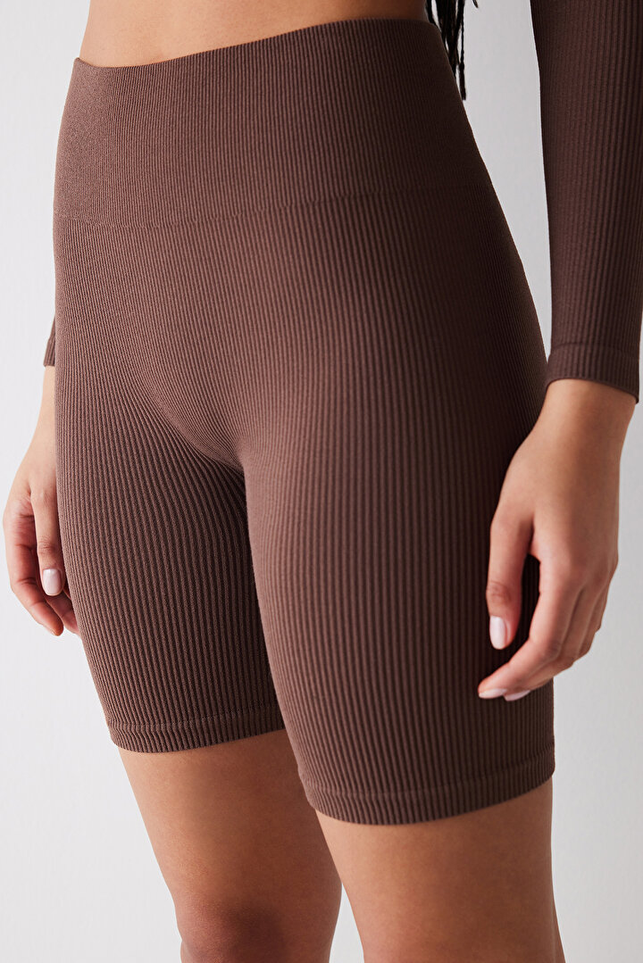 Seamless Ribbed Biker Brown Legging - 1