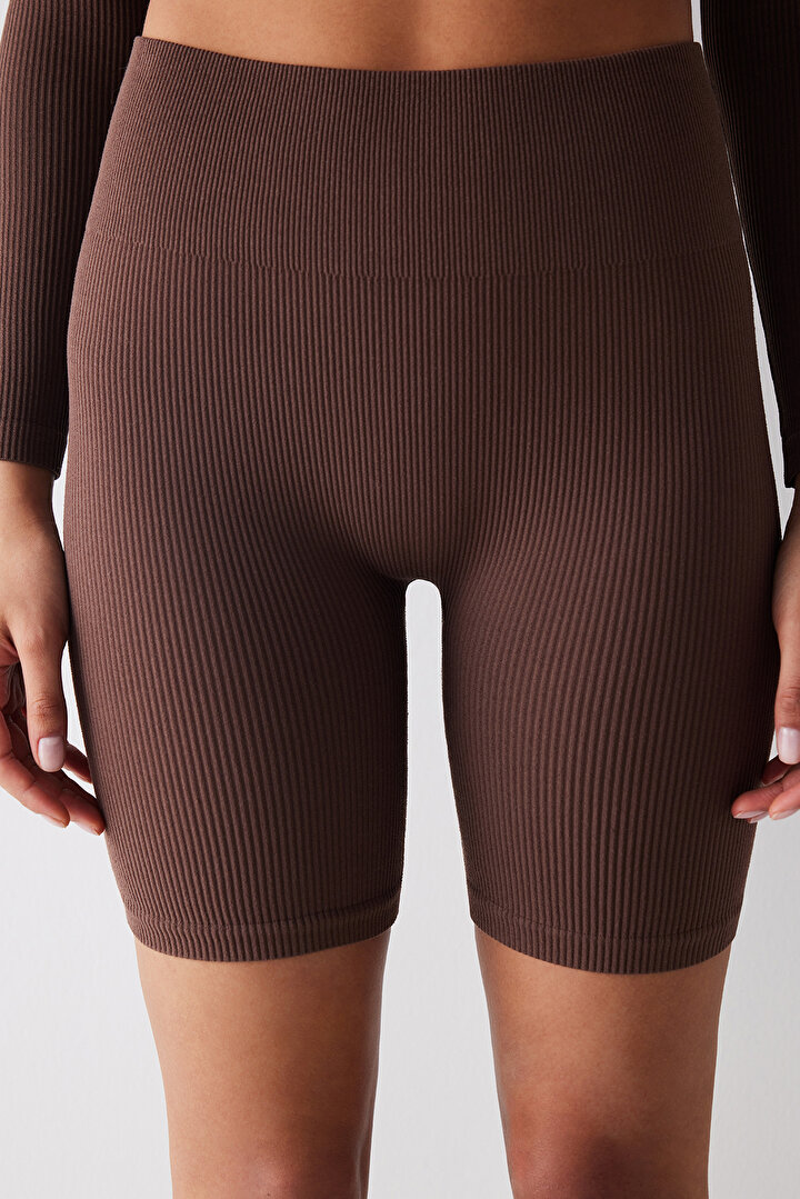 Seamless Ribbed Biker Brown Legging - 2