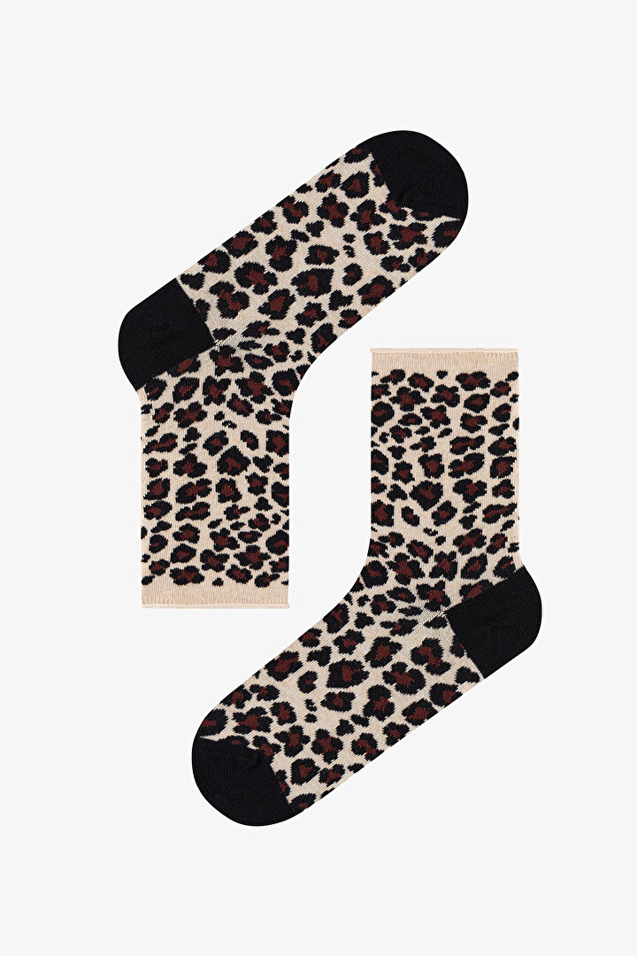 Bordo Bej Relax Leopar Pamuklu 3 Çift Soket Çorap - 2