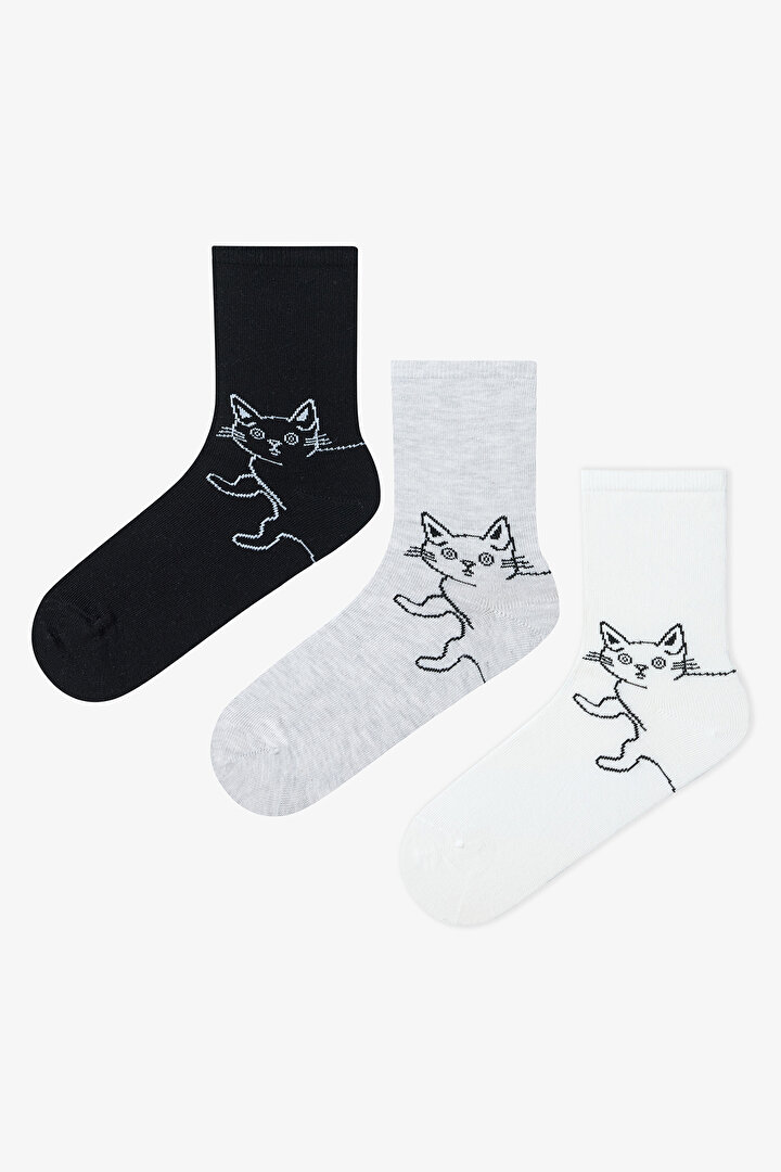 3 Çift Pamuklu Kedi Desenli Soket Çorap - 1