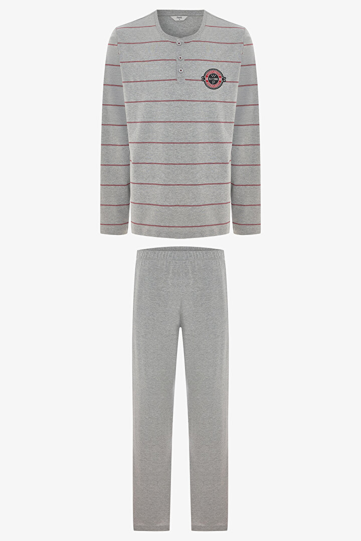Melanj Erkek Çizgili Oversize Pijama Takımı - 1