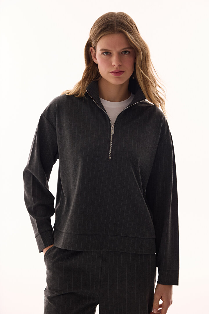 Anthracite Zipped Striped Sweatshirt - 1